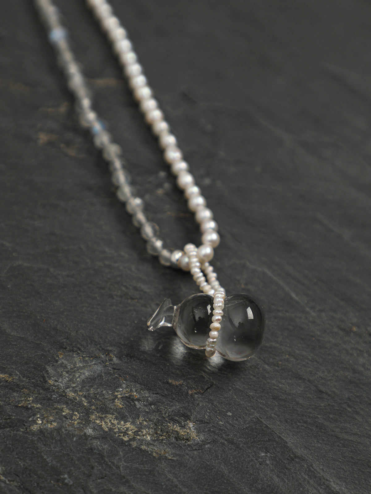 Wandering Shadow · Clear Quartz & Pearl Pendant Necklace