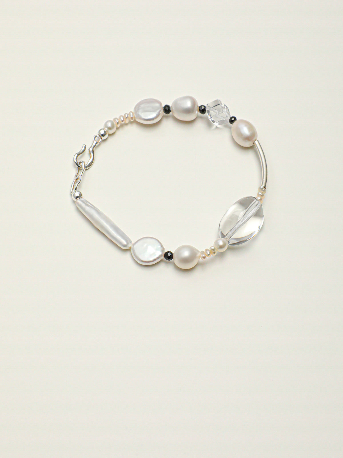 Pristine White · Mixed Pearl, Clear Quartz & Black Tourmaline Bracelet