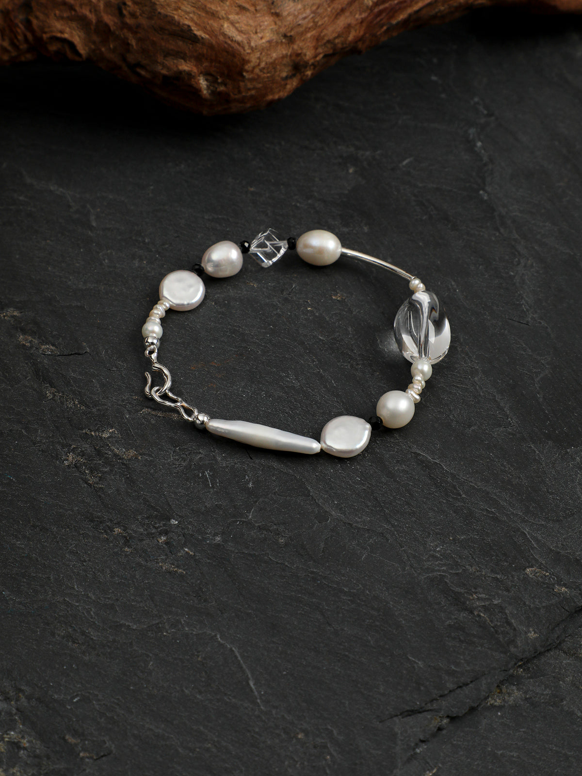 Pristine White · Mixed Pearl, Clear Quartz & Black Tourmaline Bracelet