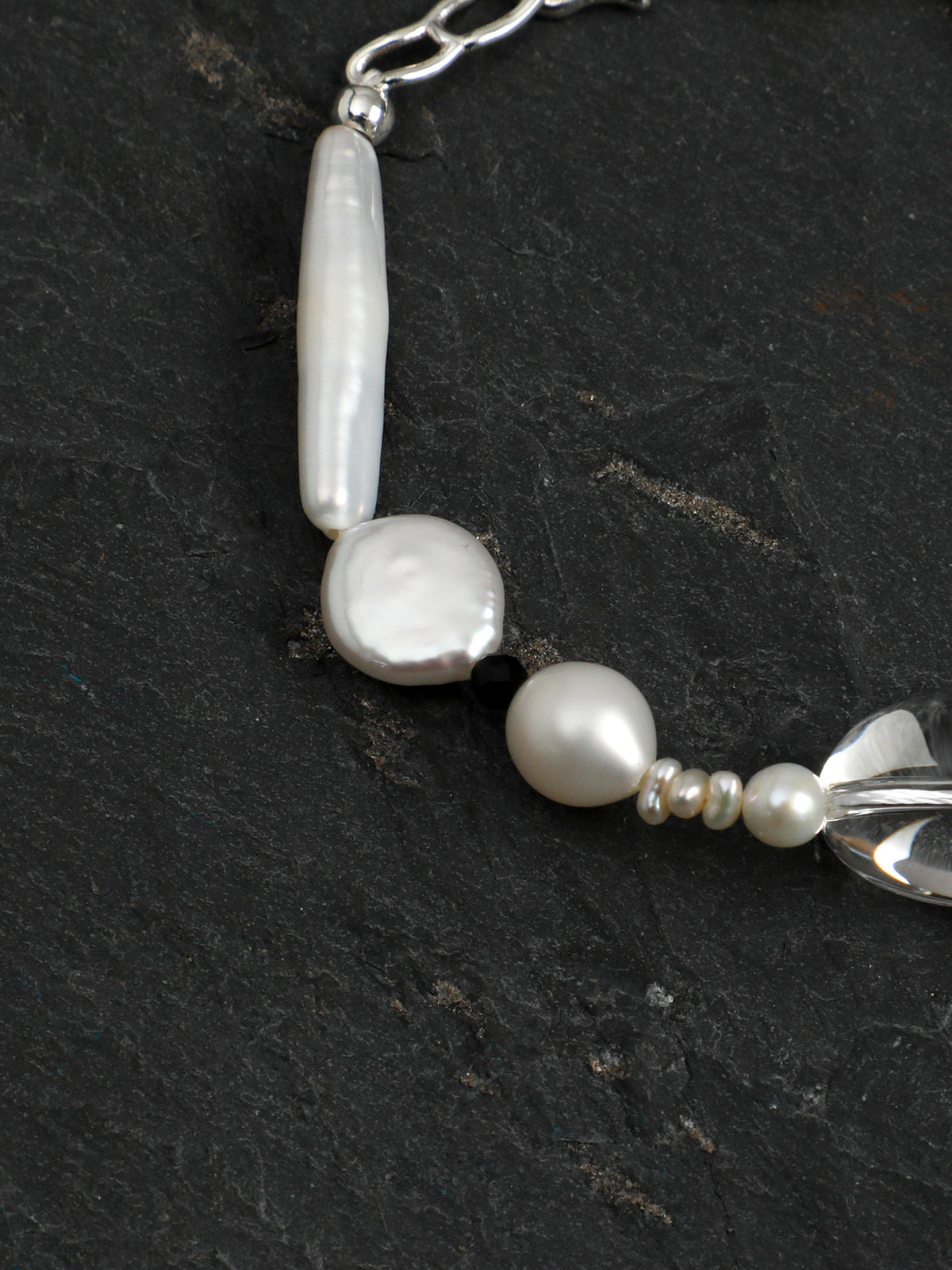 Pristine White · Mixed Pearl, Clear Quartz & Black Tourmaline Bracelet