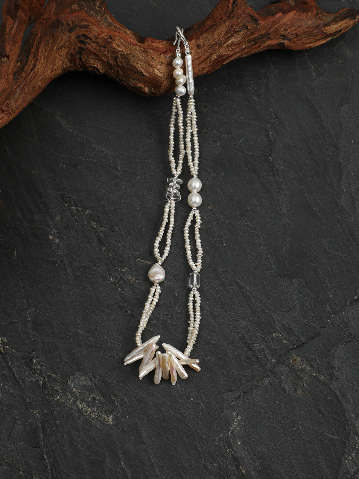 Feathered Plumes · Organic Pearl & Clear Quartz Necklace