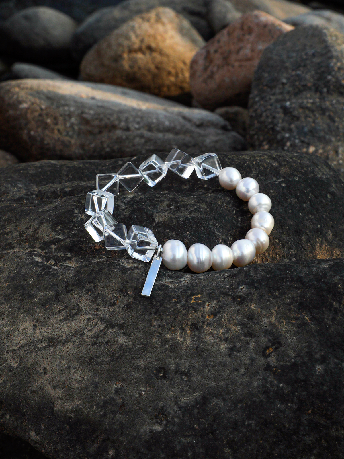 Lunar Cube · Clear Quartz & Freshwater Pearl Bracelet
