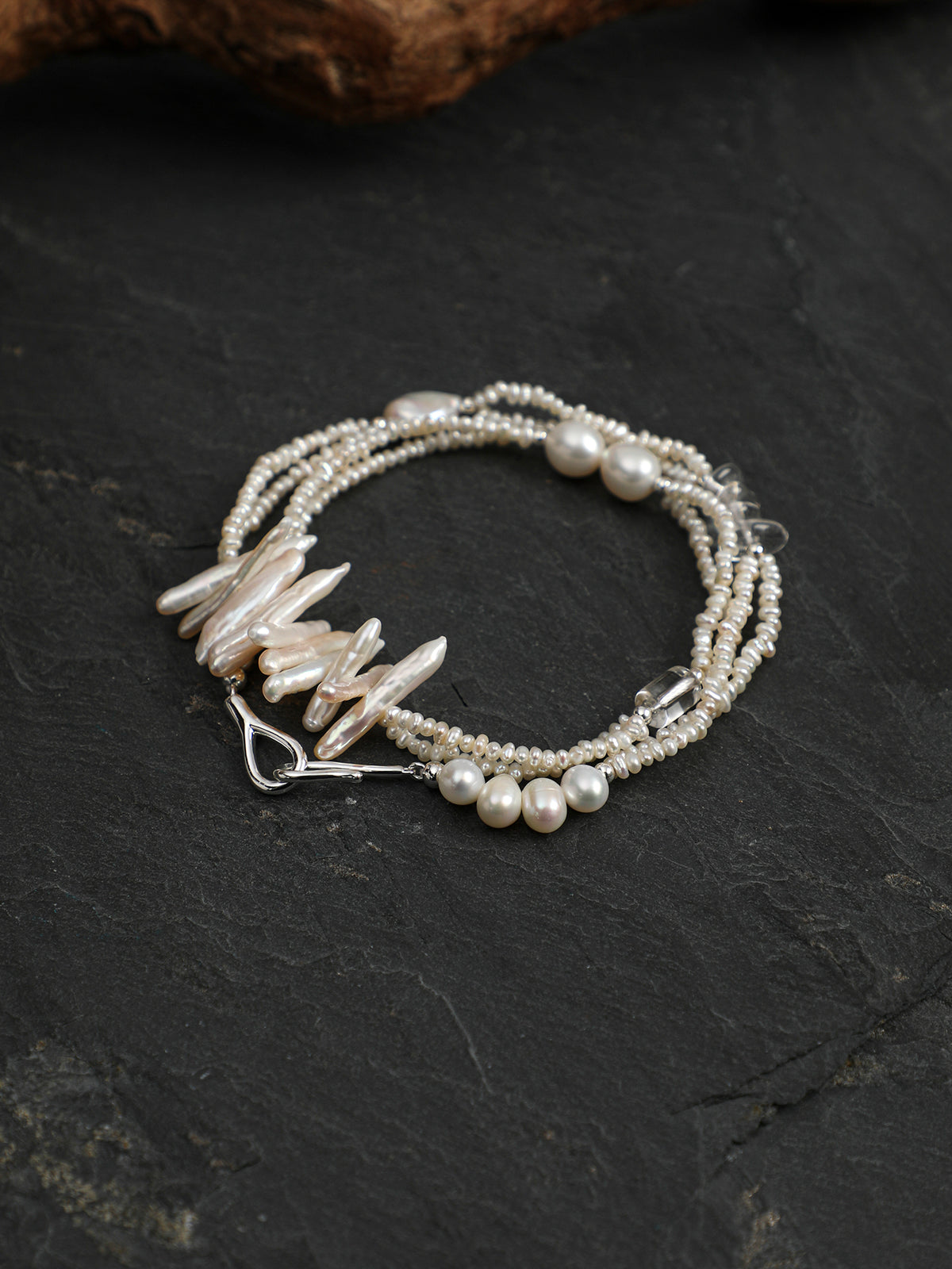 Feathered Plumes · Organic Pearl & Clear Quartz Necklace