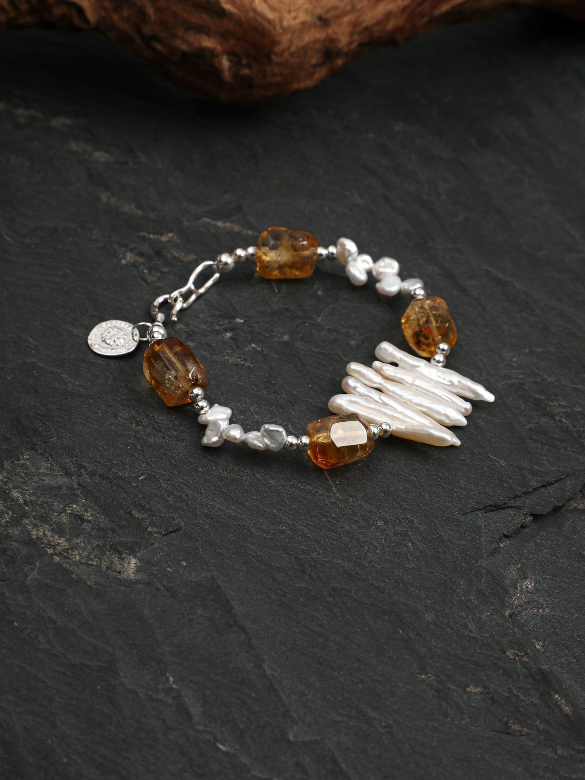 Warm Amber Glow · Brazilian Citrine & Toothpick Baroque Pearl Bracelet