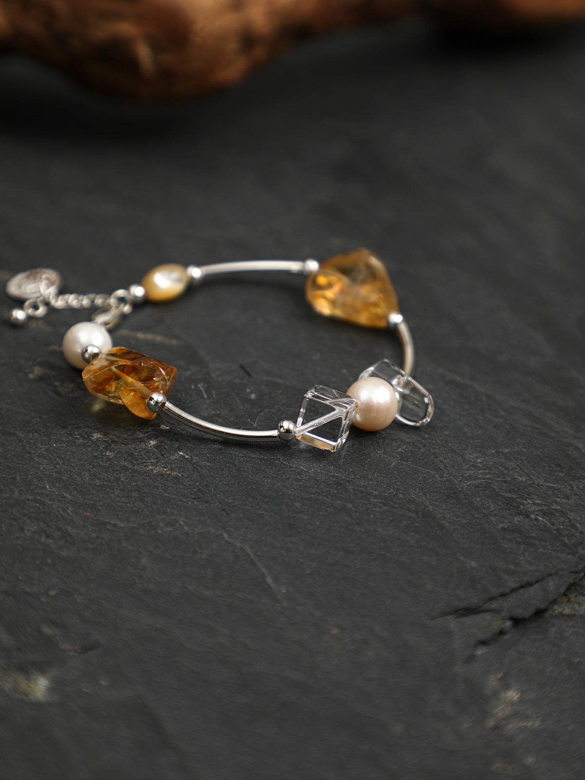 Golden Glow · Brazilian Citrine, Pearl & Curved Silver Bracelet