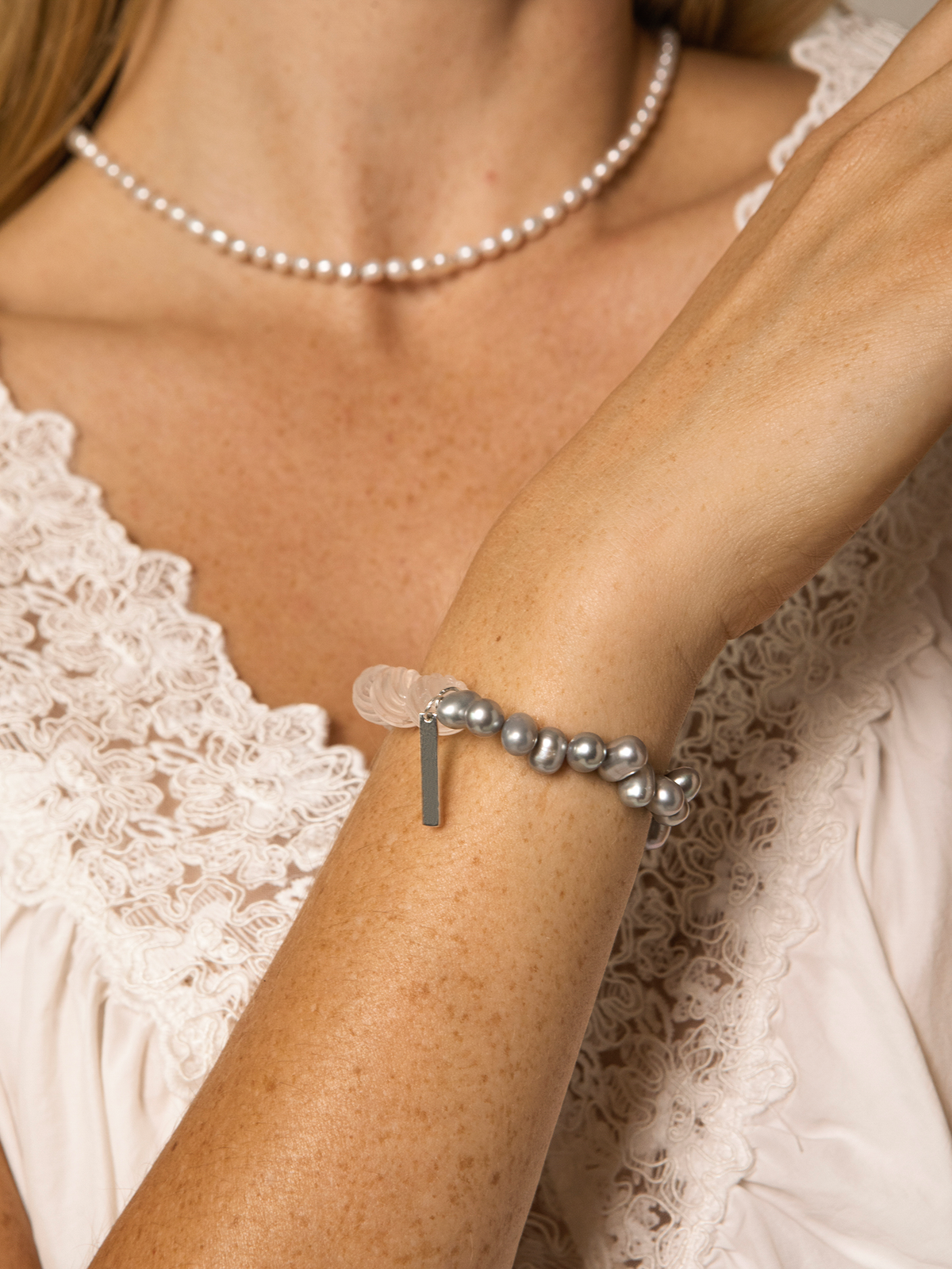 Mist Glass · Spiral Clear Quartz & Grey Pearl Bracelet